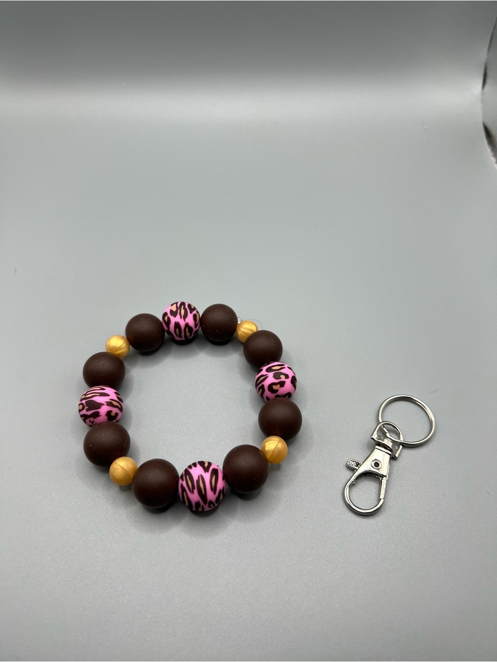 Brown and Pink Leopard Beaded Bracelet Keychain - Handmade - K0006C